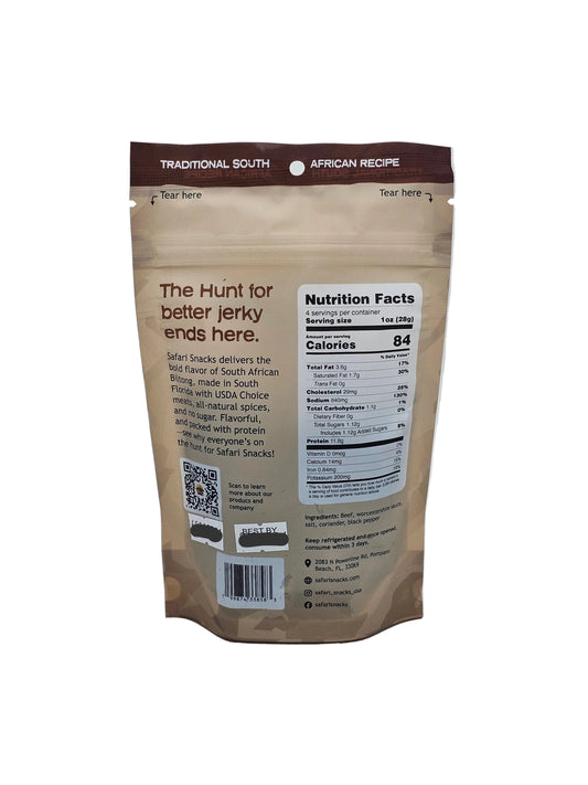 Back of Safari Snacks original 4 oz package with nutrition label on a white background