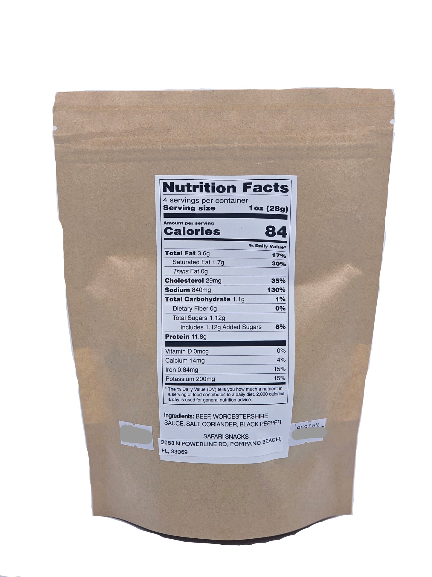 Kraft paper bag with a nutrition facts label on a white background