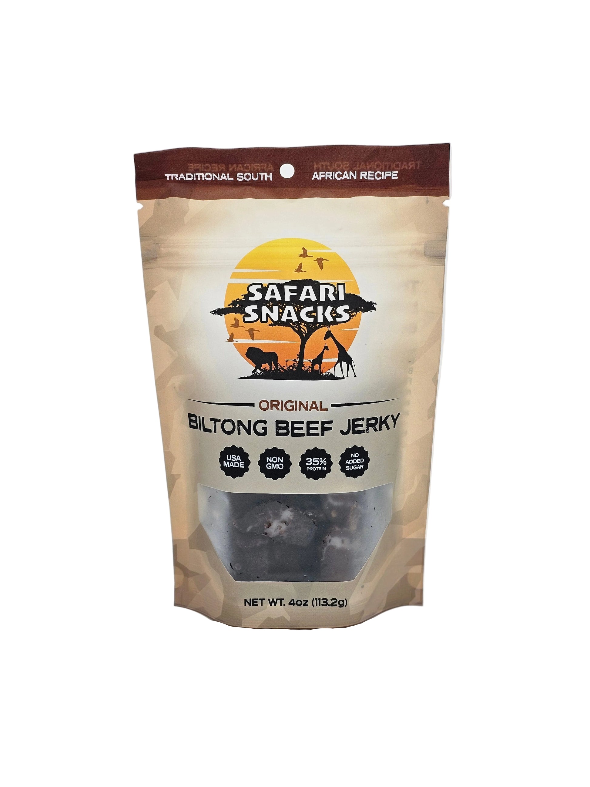 Safari Snacks biltong beef jerky original 4 oz package on a white background