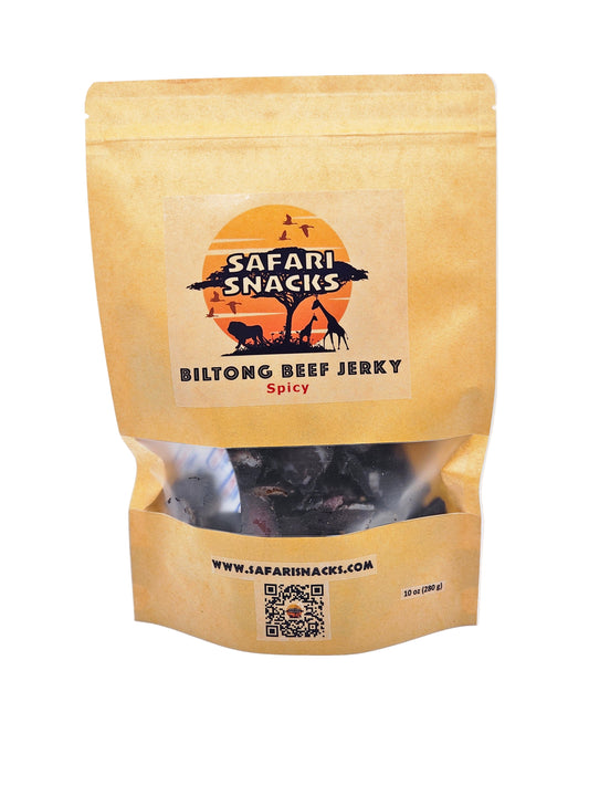 Bag of Safari Snacks beef jerky with branding and product details on a white background