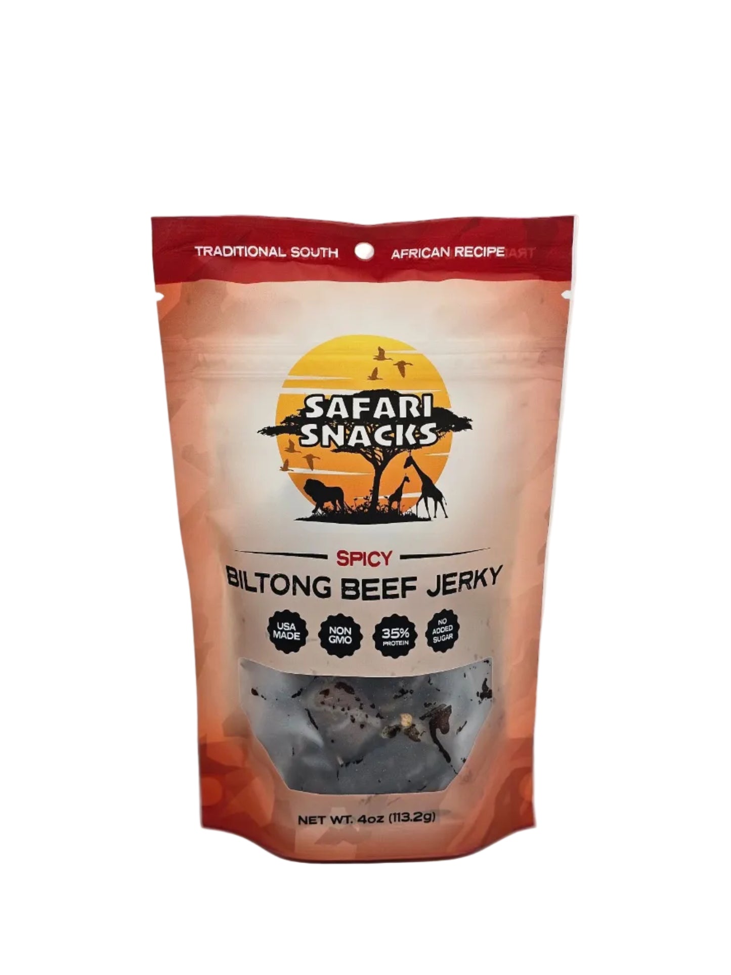 Packaged biltong beef jerky with 'Safari Snacks' branding on a white background