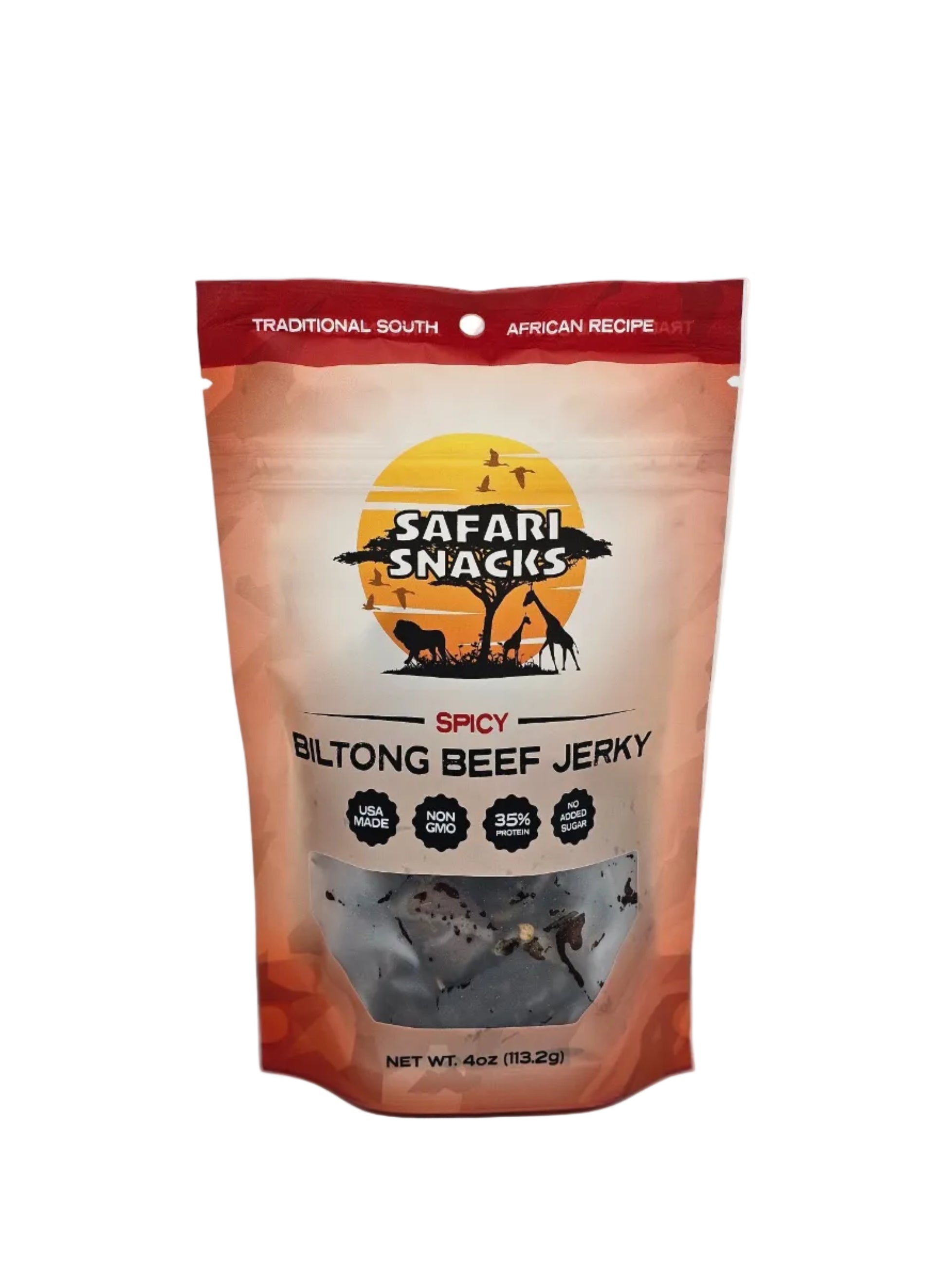 Packaged biltong beef jerky with 'Safari Snacks' branding on a white background